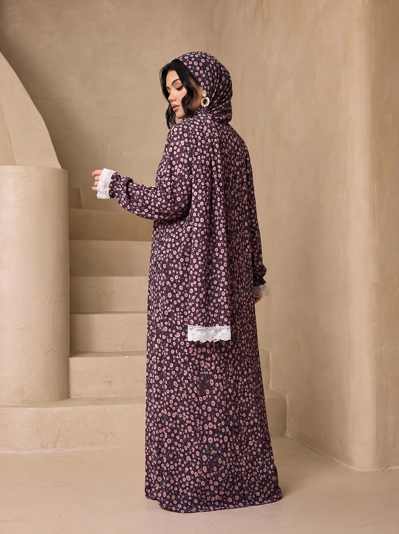 Ditsy Floral Open Abaya 3 Piece Set Matching Hijab, Lace Cuff Flare Sleeve Modest Maxi For Muslim Women Eid Daily Outfit view 5