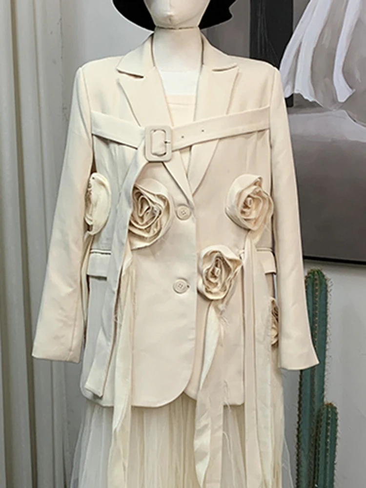 YERMORA Beige Three-dimensional Flowers Ribbon Blazer For Women Lapel Long Sleeve Loose New Jacket Fashion Spring Autumn 2025