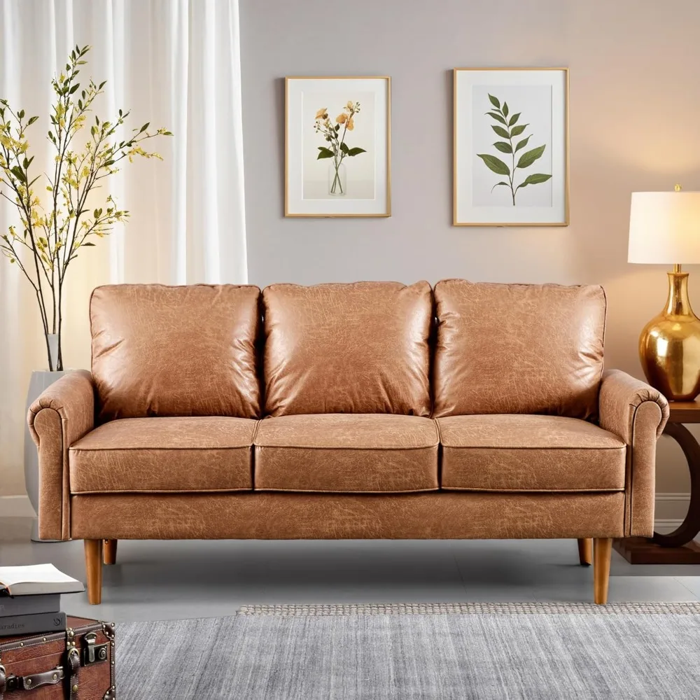 

Luxury 3-Seater Suede Faux Leather Sofa, Mid-Century Modern Deep Seat Comfortable Couch in Neutral Colors for Small Spaces