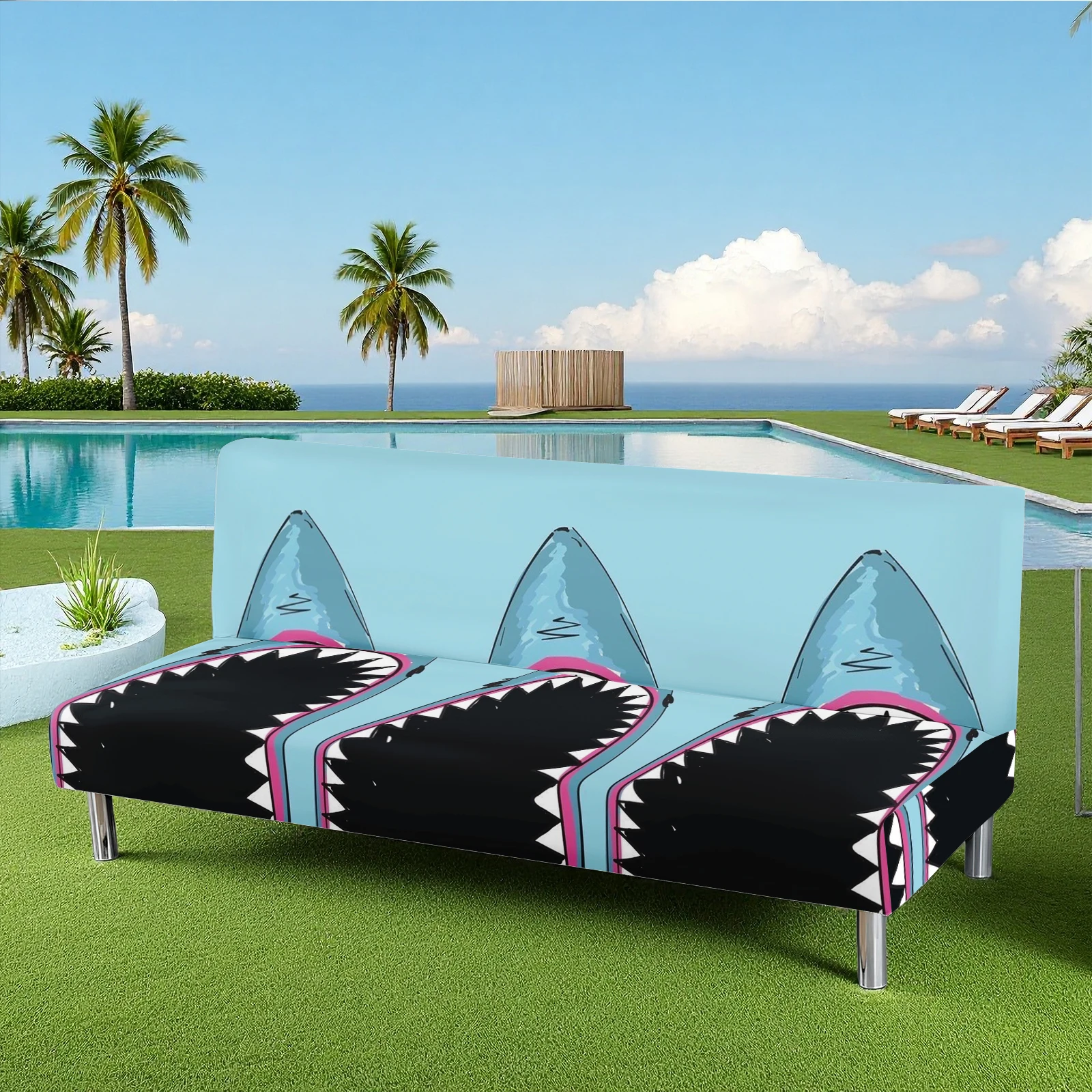 Shark Print Summer Outdoor Sofa Bed Cover, Elastic Milk Silk Couch Cover, Pet - Friendly, Washable, Fits I