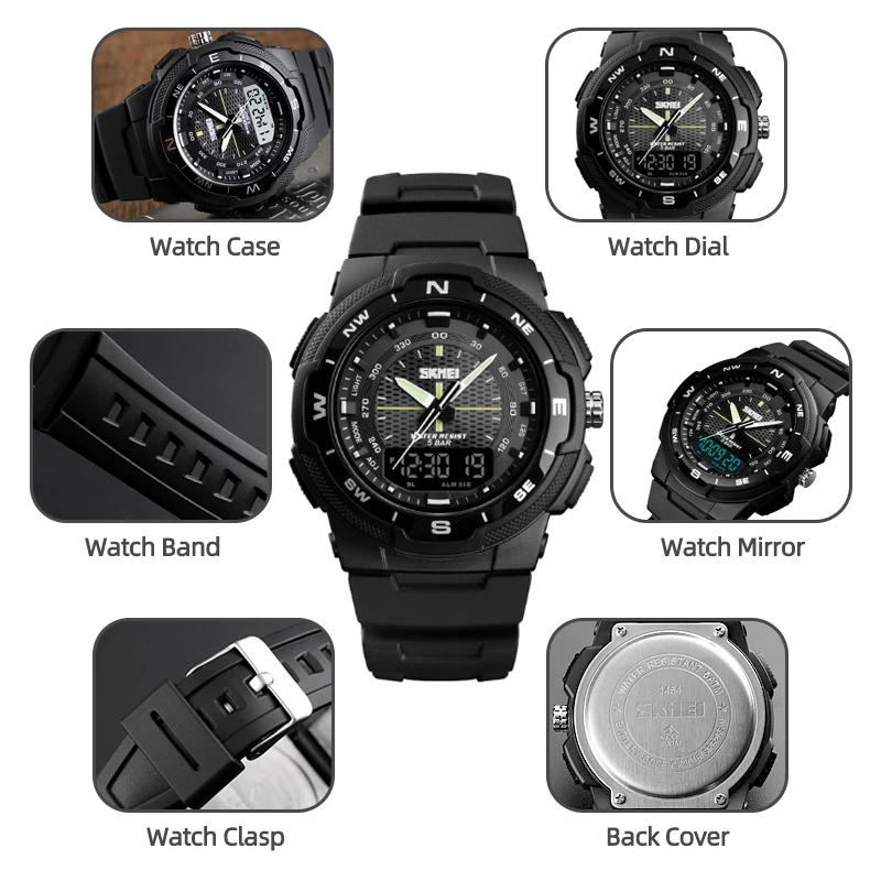 Skmei Men’s Sports Watches Fashion Three Time Zone LED Waterproof Analog Digital Alarm Clock 12/24 Hour Military Wristwatch