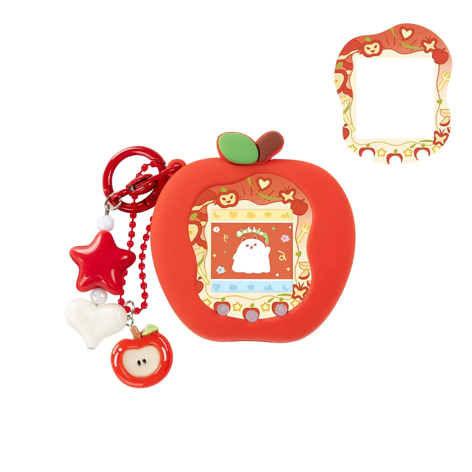 Rode en groene siliconen hoes voor de Tamagotchi Uni – schattige, zachte TPU-beschermhoes met sticker voor de voorkant en een decoratief element.