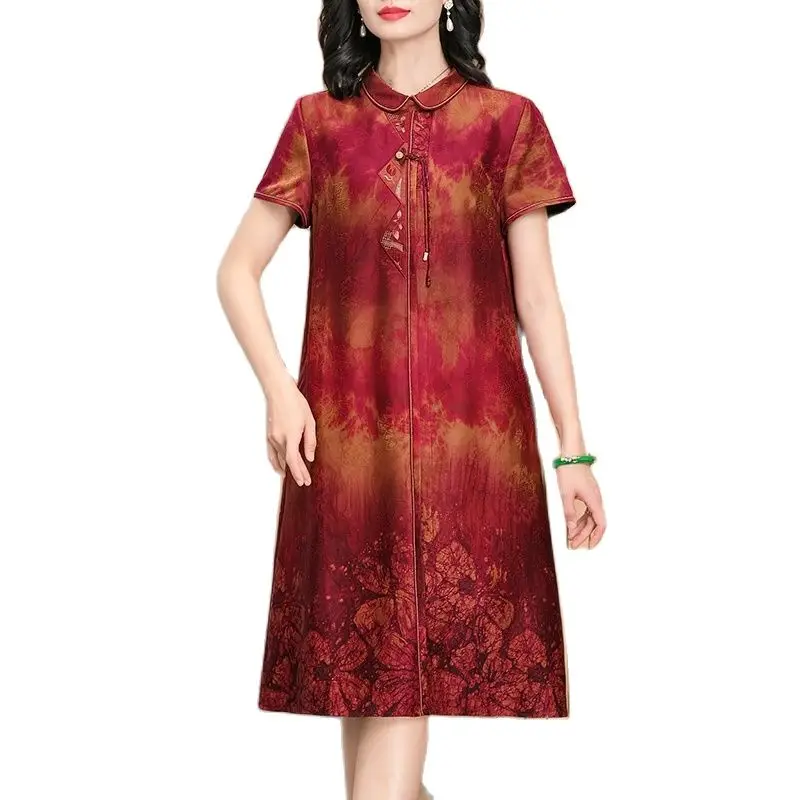 BirdTree, Red Watered Gauze, 100%Real Silk Elegant Dresses, Women Short Sleeve Printed, Loose Chinese Mom Dress, Summer D44840QM