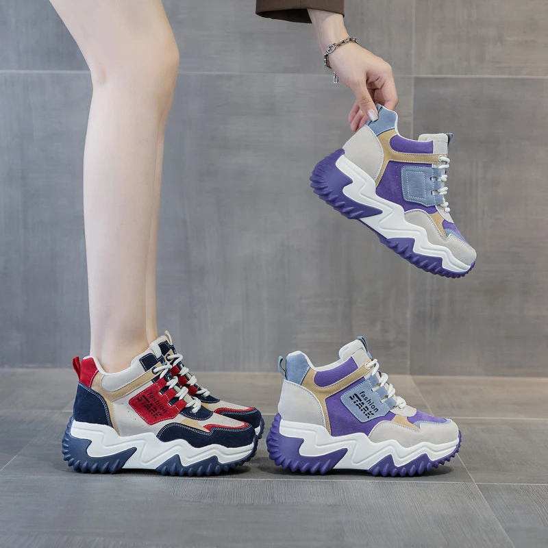 

Womens High Top Navy Red Color Block Dad Sneakers Hidden Height Increasing Chunky Platform Warm Casual Winter Sports Shoes