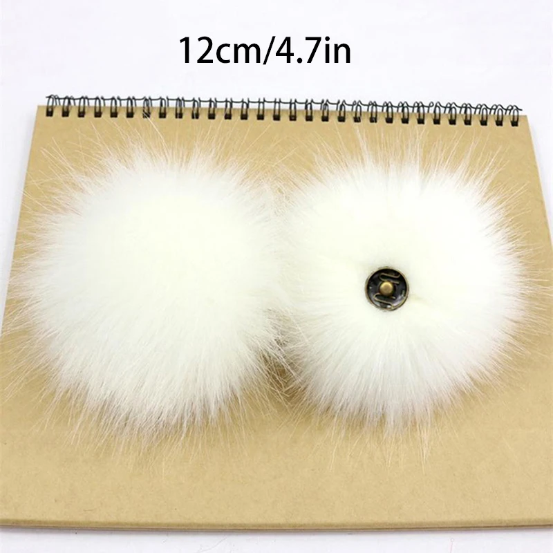 2Pcs 12cm Plush Hair Ball with Snap Button Soft Faux Fox Fur Pompoms DIY Baby Beanie Hats Shoes Crafts Decorative Accessories