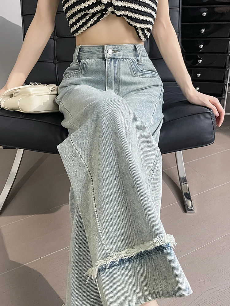 Jean d'été pour femmes, jambes larges, ample, longueur cheville, pantalon, mode coréenne, Streetwear, délavé, couleur bleue, Wh7, 2024