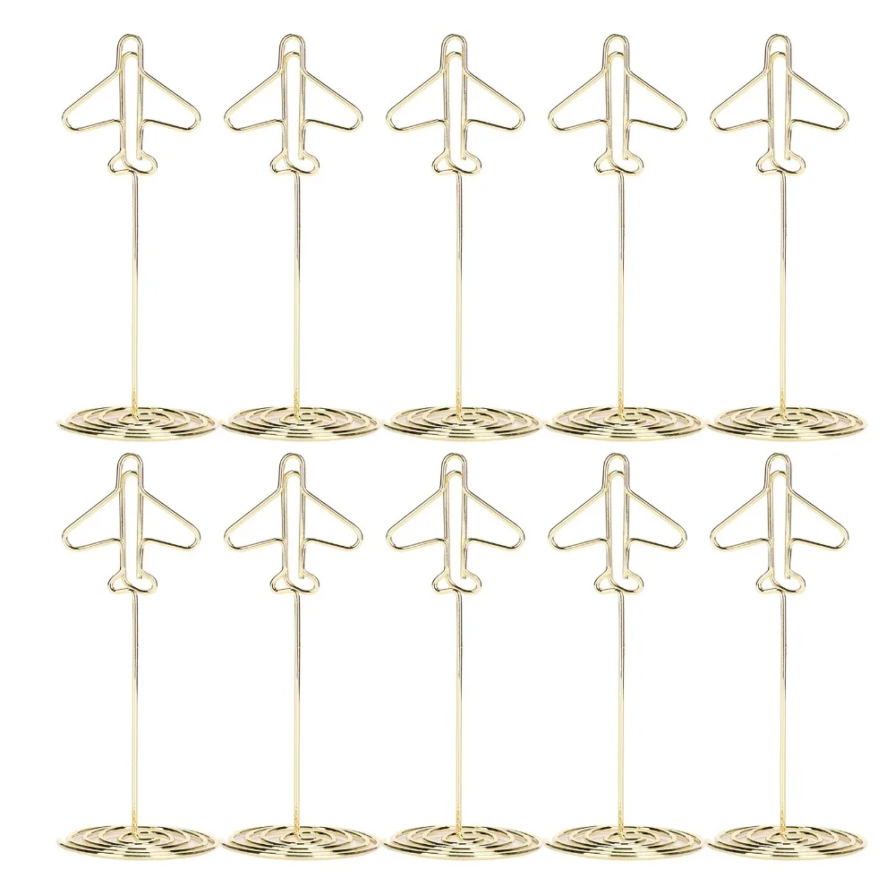 10Pcs Three‑dimensional Metal Photo Holder with Base Gold Airplane Shape Desktop Card Holder 9.9*3.9cm Electroplating
