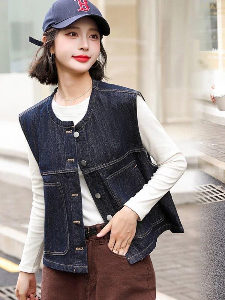 Deep Blue Denim Vest Women's ort Jaet Outerwear Autumn Season Button Splice ket Design round Ne No Sve