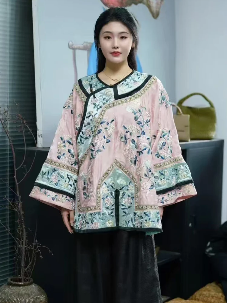 High End Chinese Style Ruyi Slanted Collar And Raglan Sleeves Exquisite Acetate Fabric Embroidered Women's Loose Jackets M-3XL