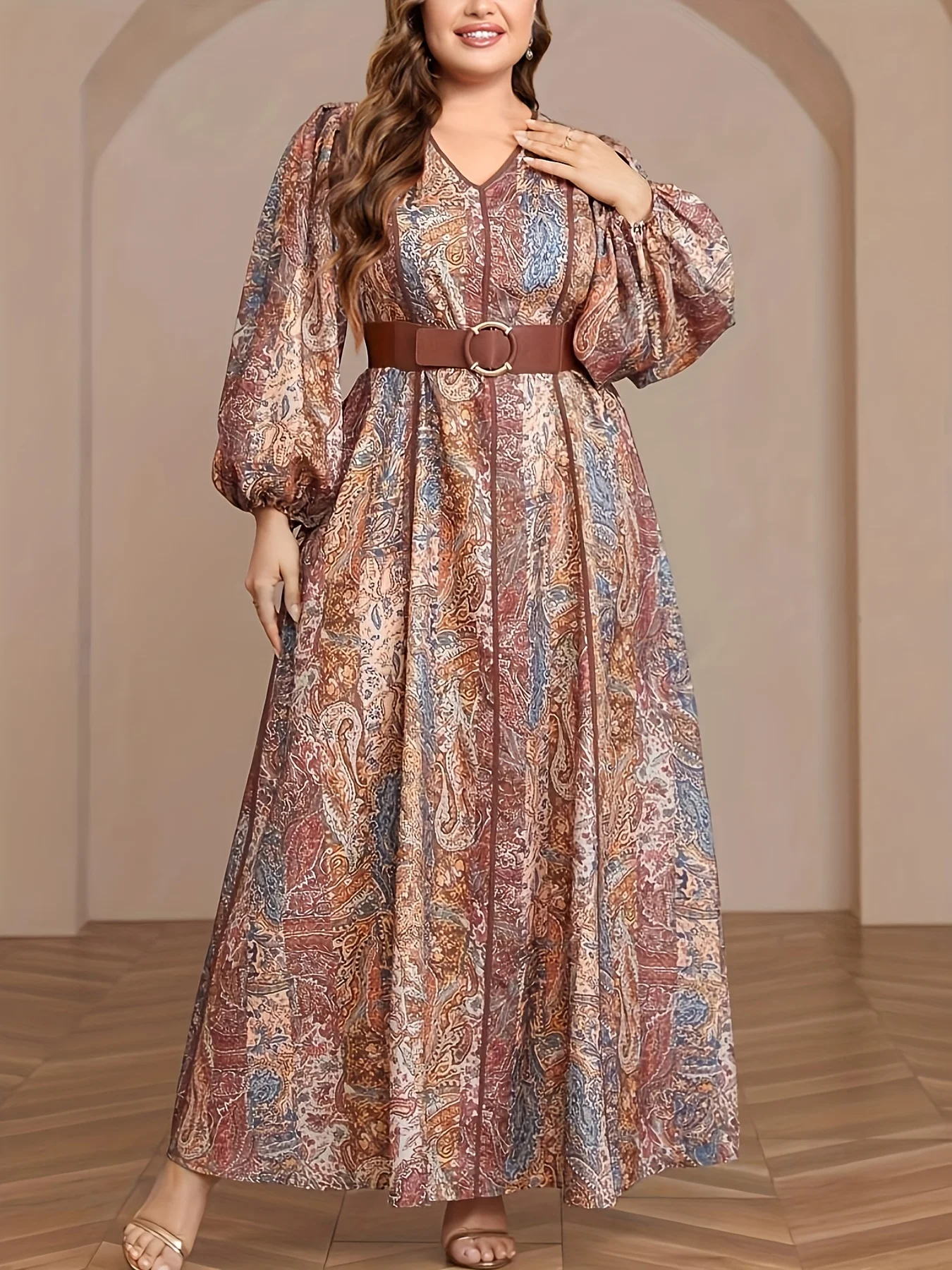 Plus Size Women\'s Lantern Sleeve Long Dresses With Paisley Print Fashion Bohemian Elegant Belted Clothing Arab Styles Maix Dress