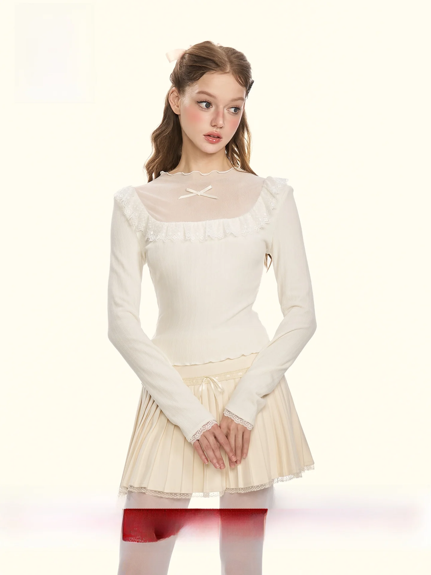 

GirlyFancyClub Кружевная отделка Me Splice Маленький воротник-стойка Slim Fit Вязаный базовый слой Топ Женский модный осенний длинный све