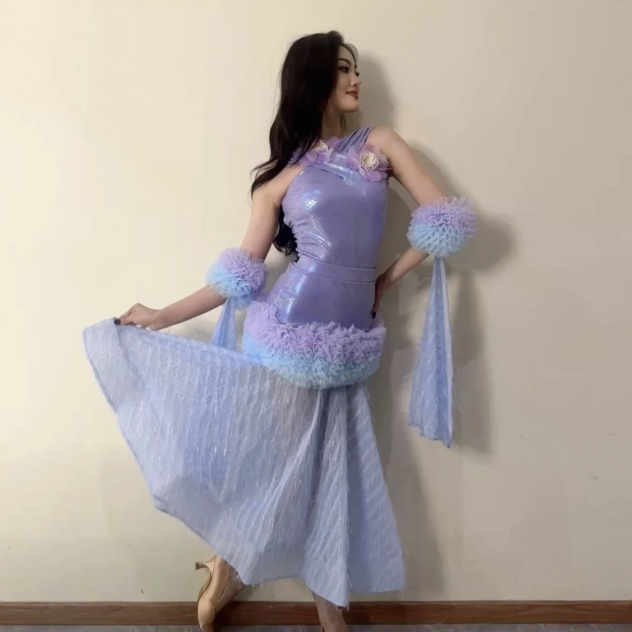 

Glossy Purple Ballroom Dance Competition Costume Flower Tops Skirt Waltz Dance Performance Dresses Prom Party Dance Wear NV23697