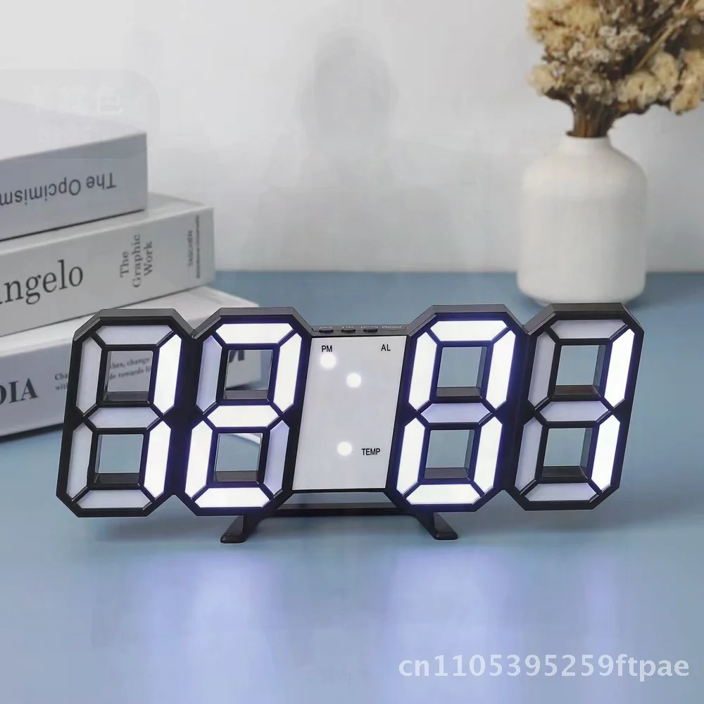 LED Large Character 3D Wall Clock Mute Luminous Display Nordic Style Table Decoration Student Alarm Clock with Thermometer &