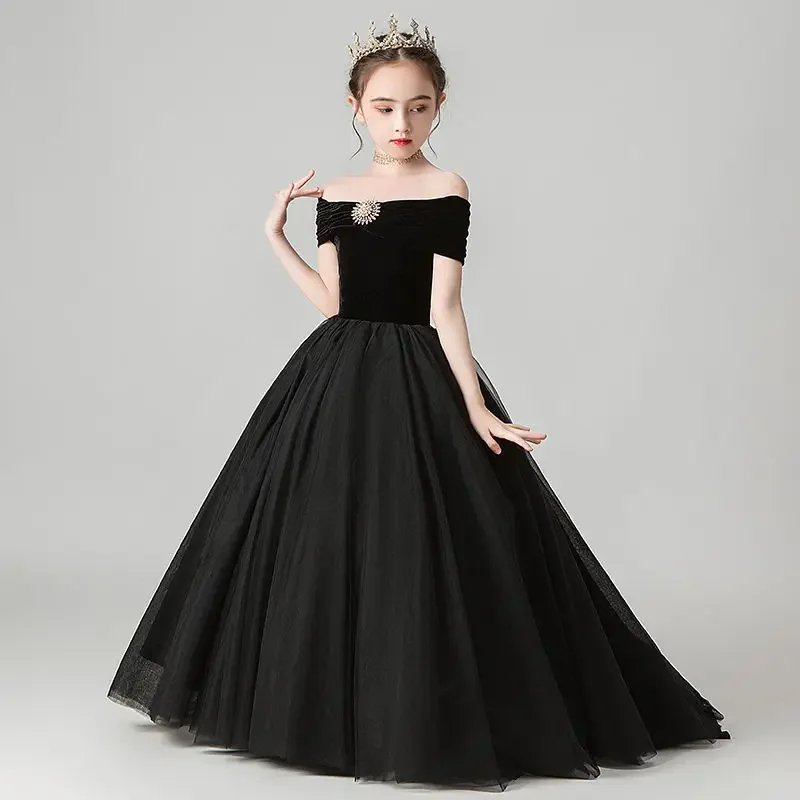 Vestido de noite elegante para meninas Vestidos de festa Quinceanera preto Vestidos de comunhão para criança