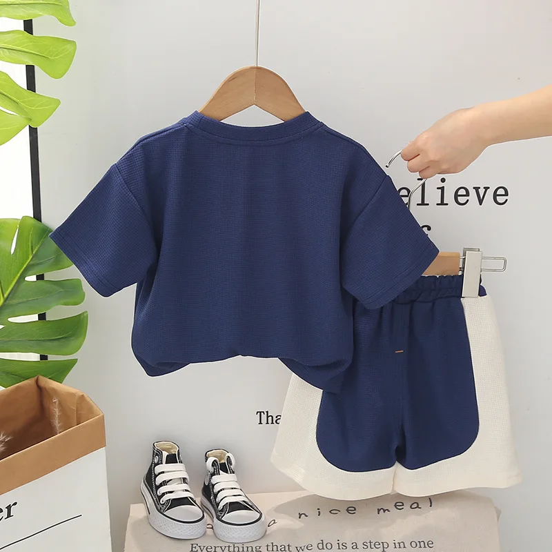 2024 New Designer Baby Boy 18 Months Old Summer Clothes for Kids Waffle Letter Short Sleeve T-shirts and Shorts Boys Outfits Set