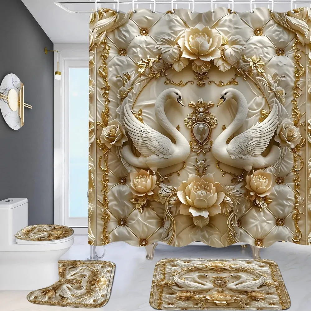 

4 шт. 3d занавески для душа в виде лебедя с ковриками, рельефный жемчуг, набор для ванной комнаты с нескользящими ковриками, крышка для унитаза и коврик для ванной vint