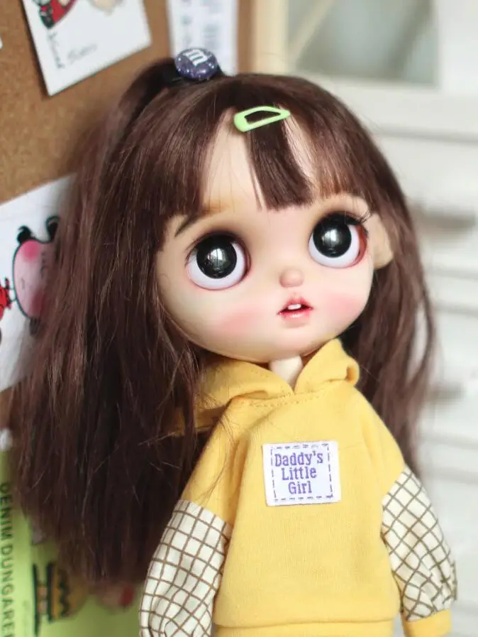 H01-A041 children handmade toy 1/6 ob24 azone blyth doll clothes yellow hooded plaid sweatshirt  1pcs