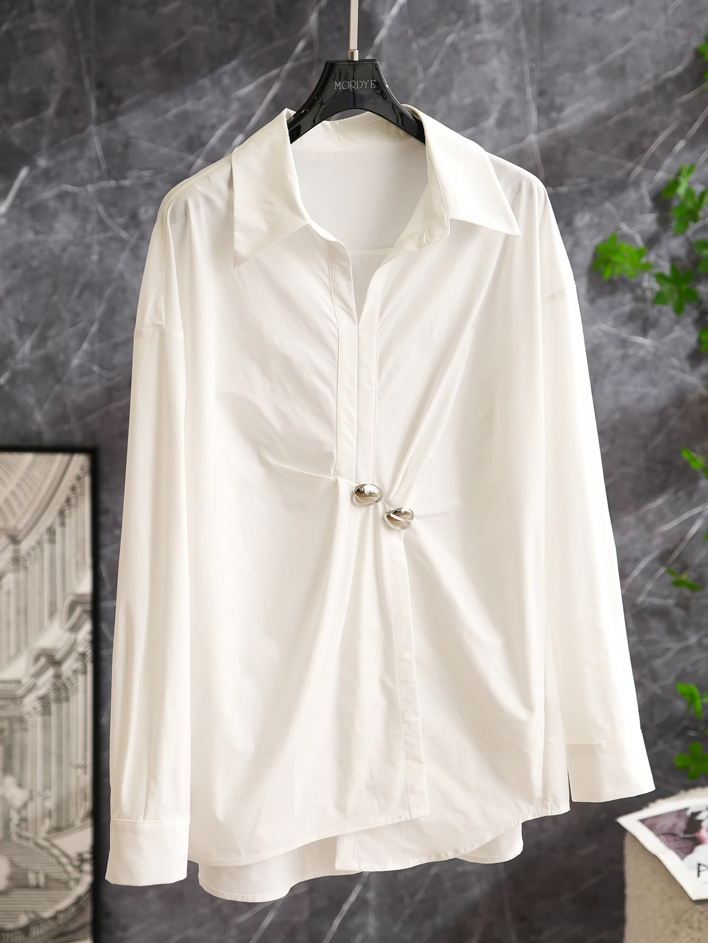 

Ele Loose Fit White irt Original Design Waist-Cinching Asymmetrical Long Top Women's Faion Breathable Comfortable