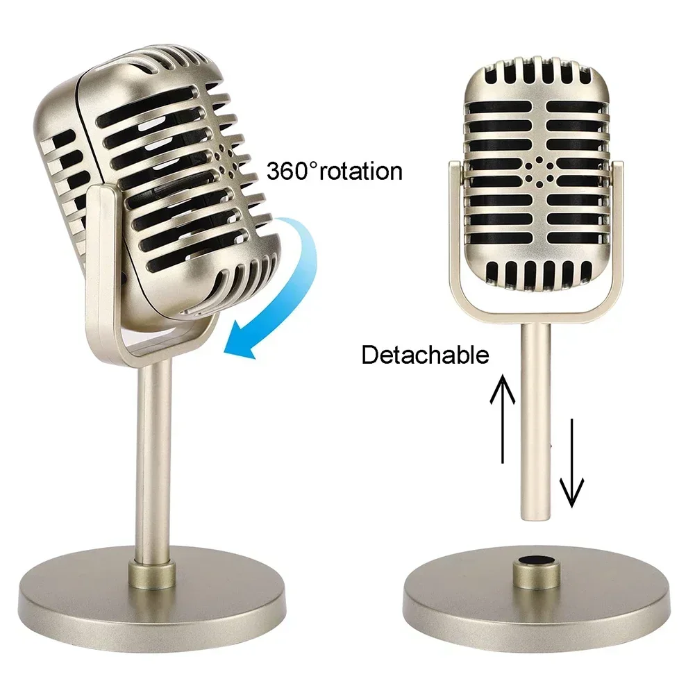 Simulation Props Retro Dynamic Vocal Microphone Vintage Wireless Mini Mic Universal Stand For Stage Live Performance Karaoke