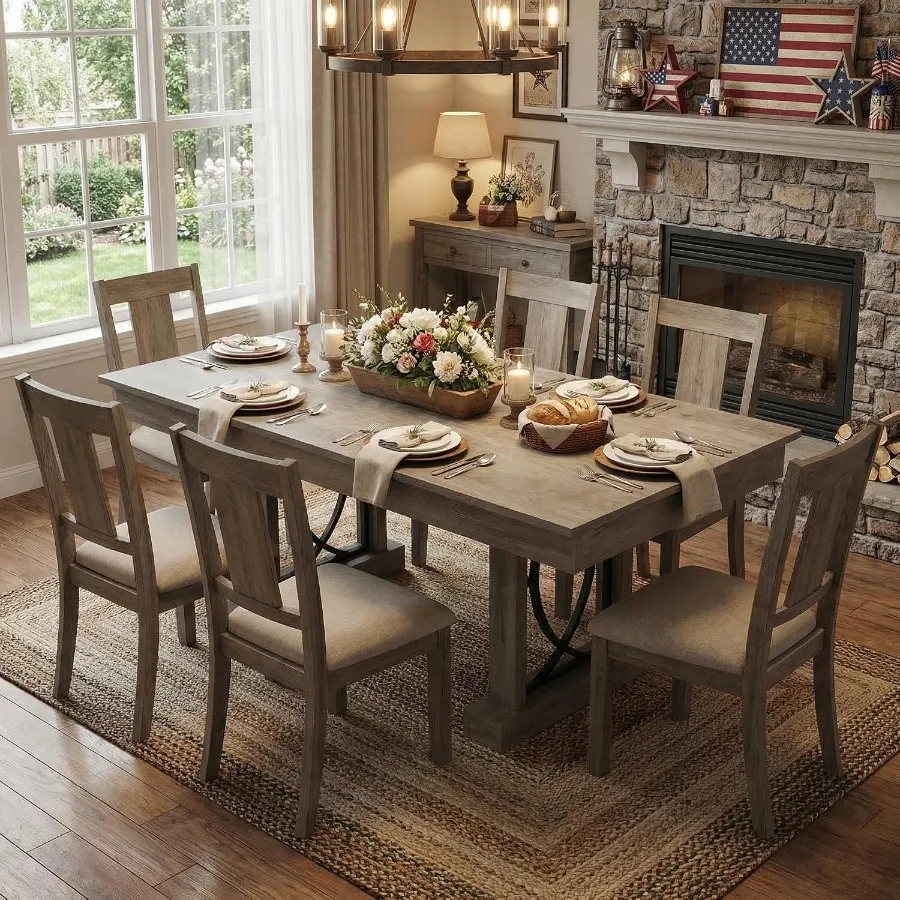 Wooden Dining Table for 6-8 People with 2 Large Drawers, 71 in Long Farmhouse Rectangular Kitchen Dining Table and Thick Table