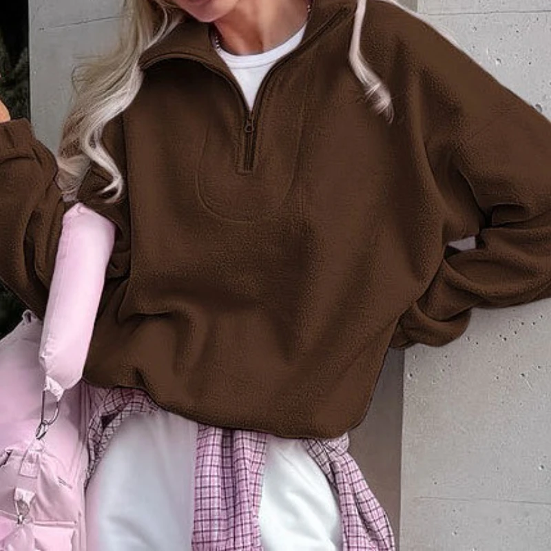 

Autumn and Winter Popular Street-style Pink Collared Fleece Sweatshirt for Women