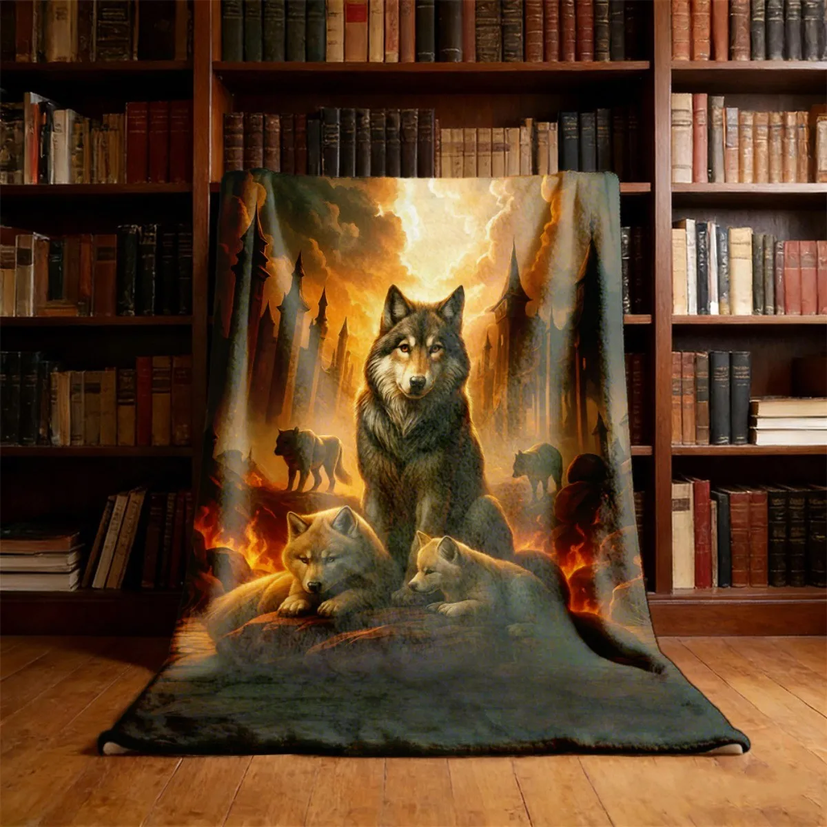 1pc Wolf Castle Flannel Fleece Blanket Ultra-Soft Warm Throw with Adult Pup Wolves Dark Gothic Castle