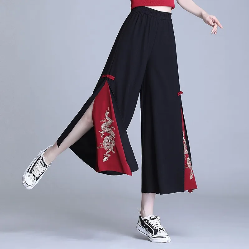 Chinese Stijl Chiffon Wijde Pijpen Broek Borduurwerk Esthetische Vrouwen Elegante Etnische Stijl Kant Split Broek Kimono Baggy Dans Broek