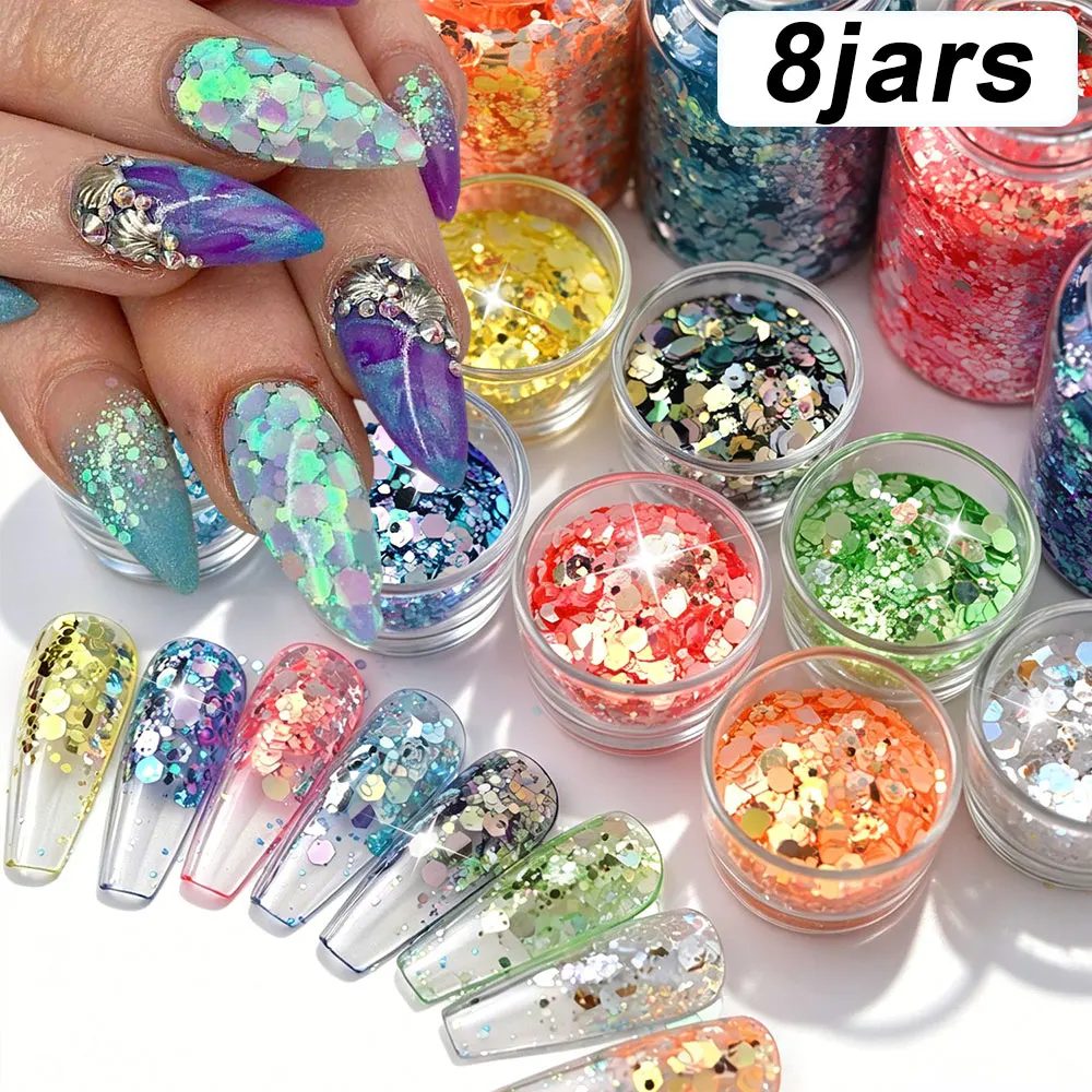 

8jars/set Sparkly Holographic Nail Sequins Laser Chameleon Chunky Hexagon Nail Glitter Powder 8colors Nail Pigment Accessories