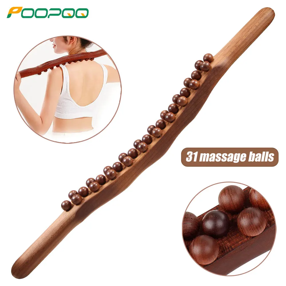 Guasha Wood Stick Tools Wooden Therapy Scraping Lymphatic Drainage Massager, Double Row 31 Beads Point Treatment Gua Sha Tools