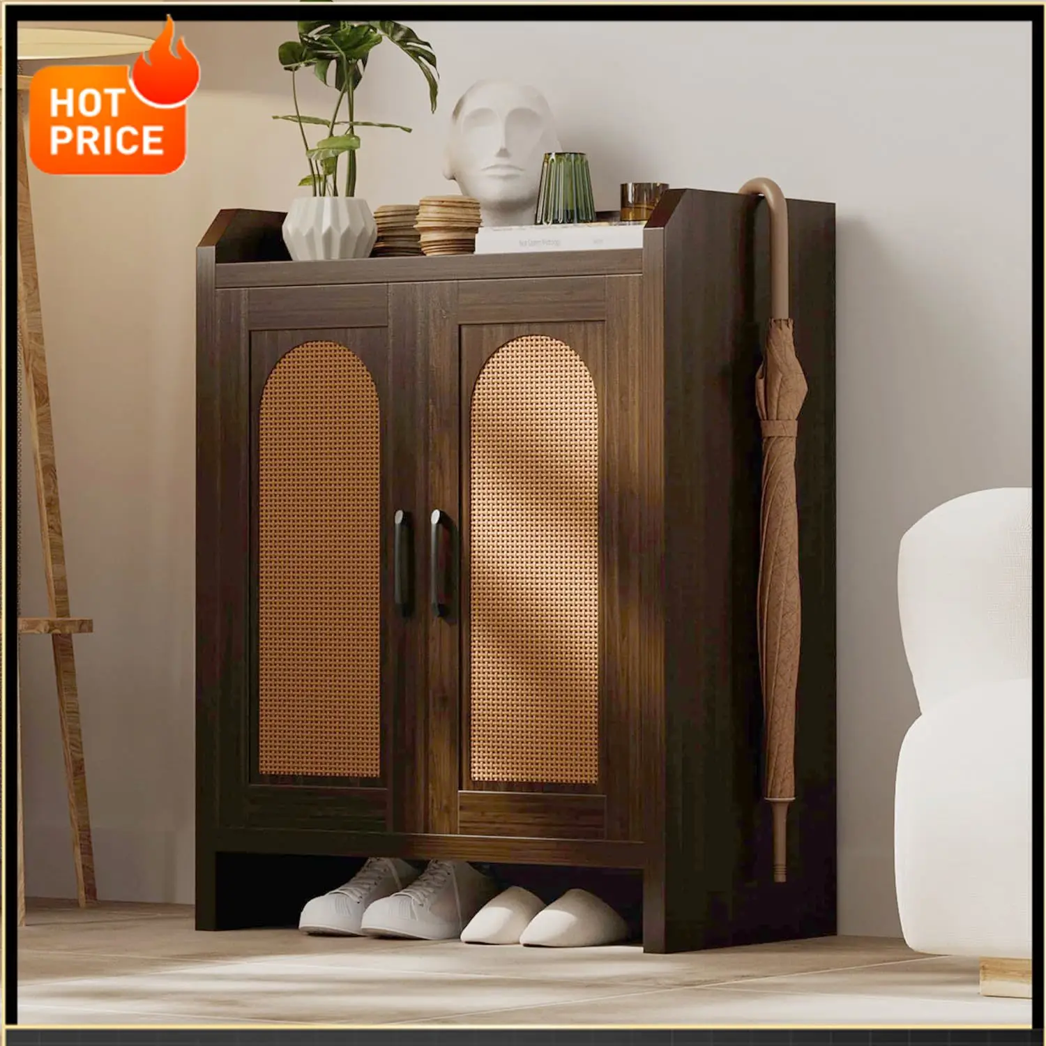 

BestsellerShoe Cabinet Storage for Entryway, Natural Rattan Storage Cabinet, Wooden Shoe Rack, Farmhouse Boho Wood Shoe Organize