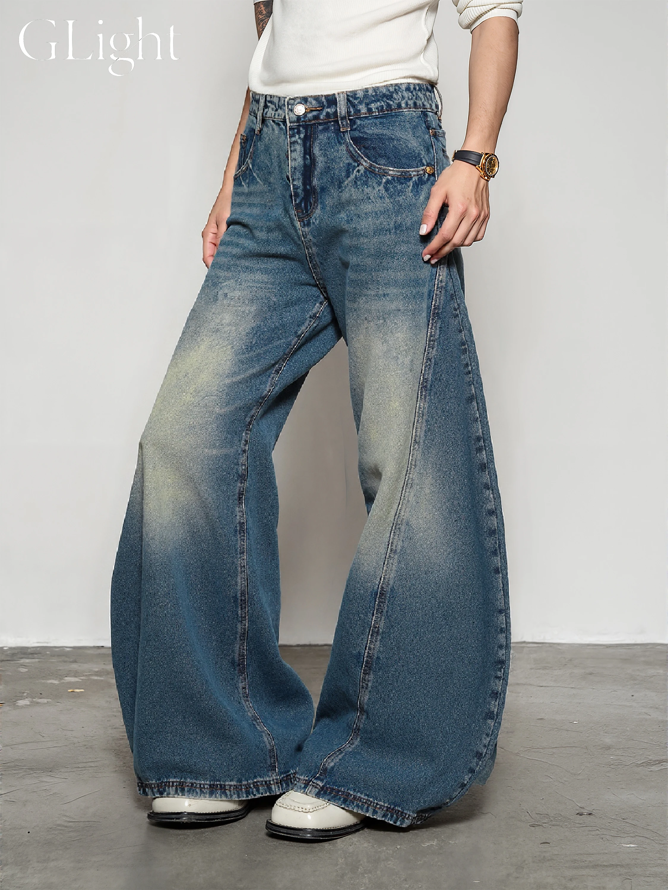 Amerykańskie retro szerokie jeansy z wysokim stanem, krój wide leg, modne młodzieżowe spodnie z bawełny denim, prosty krój, luźny krój, długie spodnie.