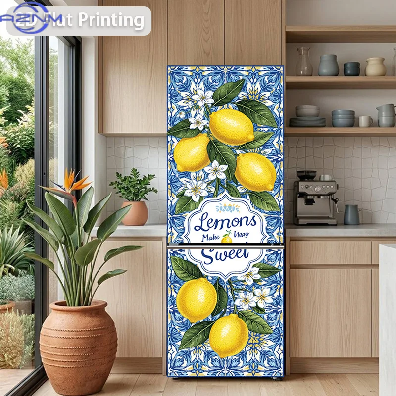 Printing Refrigerator Sticker Lemon Blossom Painting Themed Design, Self-Adhesive Wall Decal Wallpaper, Suitable for Cabinets
