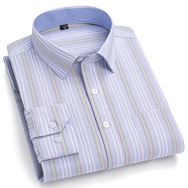 100% Cotton Oxford Men Shirts Long Sleeves Plaid Soft Regular Fit Formal Dress Shirt Pocket Social Blouse Male Clothes 6XL 7XL