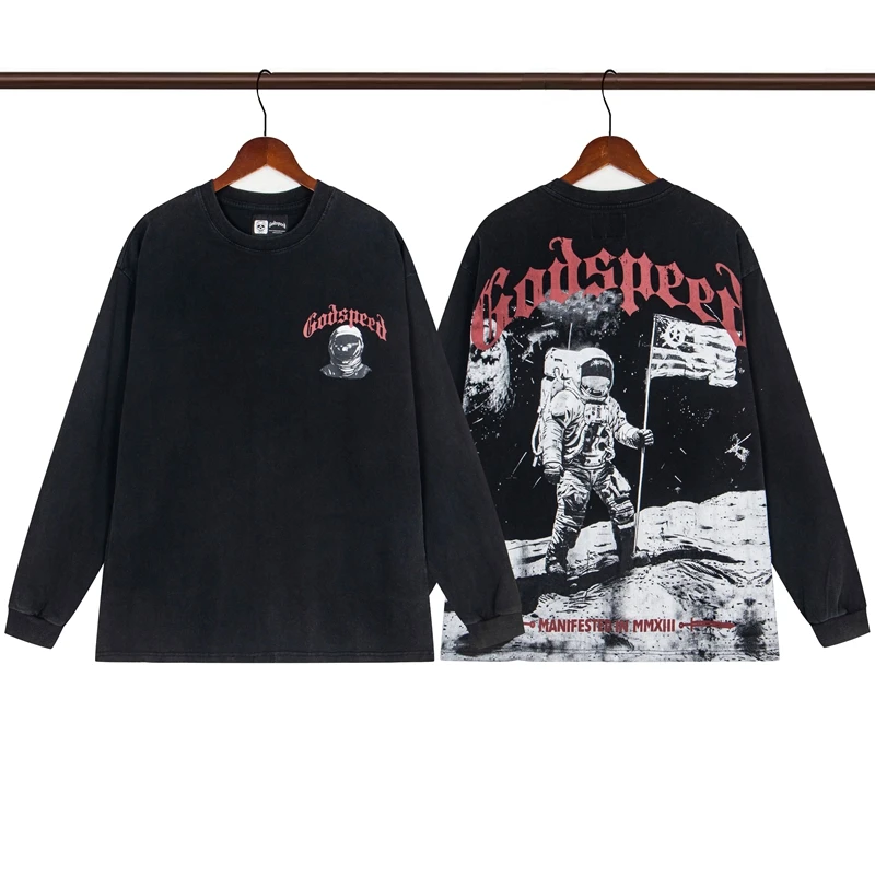 

Godspeed Astronaut Moon Landing Print Vintage Waed High Street Loose ex Long Sve Trendy T-irt Cotton round Ne