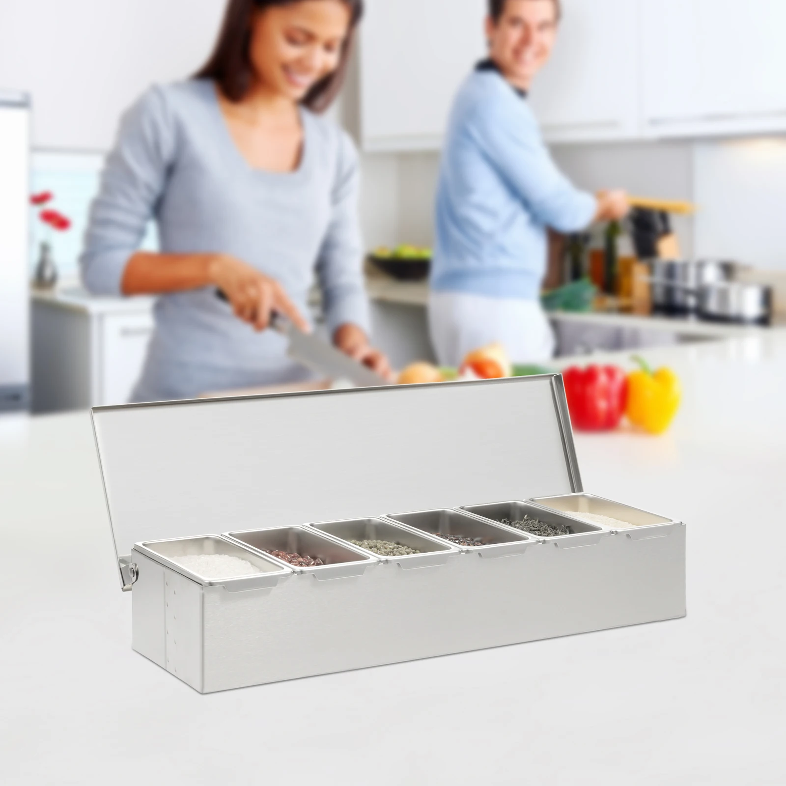

Stainless Steel Spice Box 6 Compartments Suitable for Private Kitchens, Restaurants, Vendors, Tables, Buffets, Parties, Shops