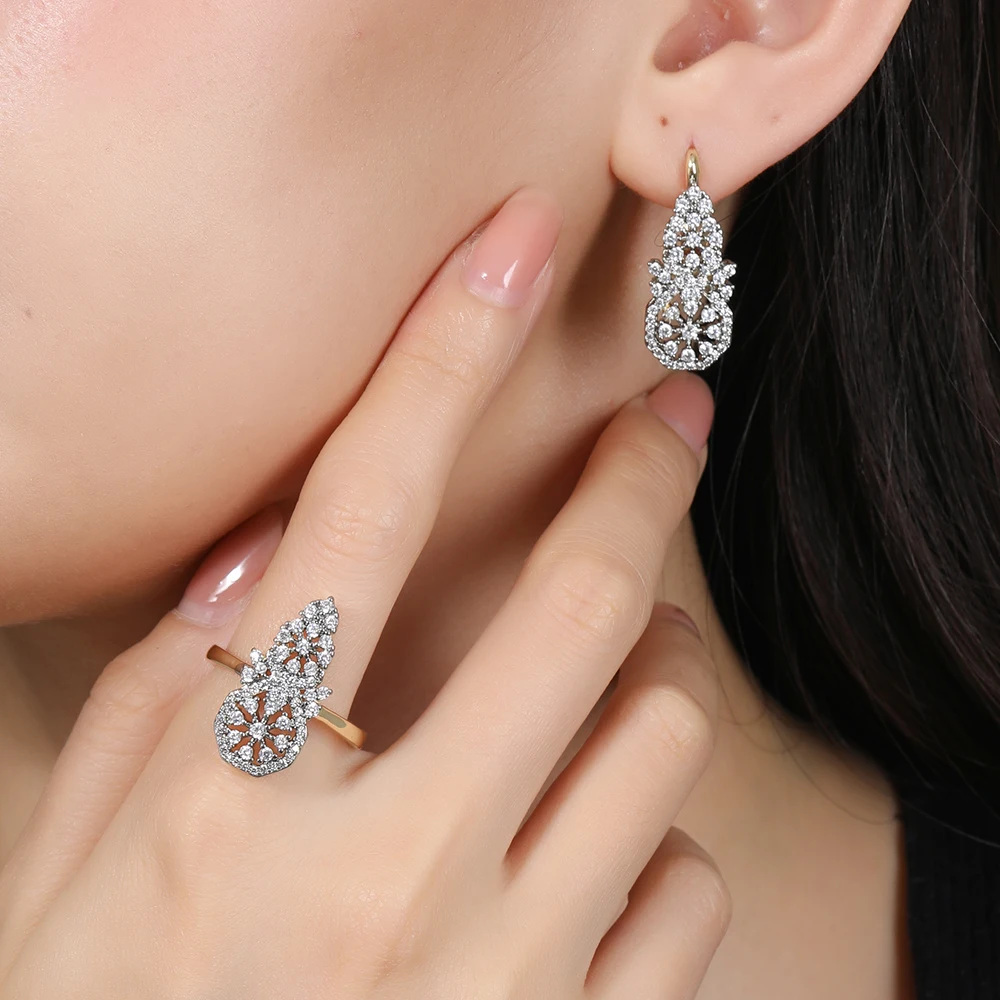 Water Drop Fan-Shaped Zircon Earrings & Ring Set, Copper Plated