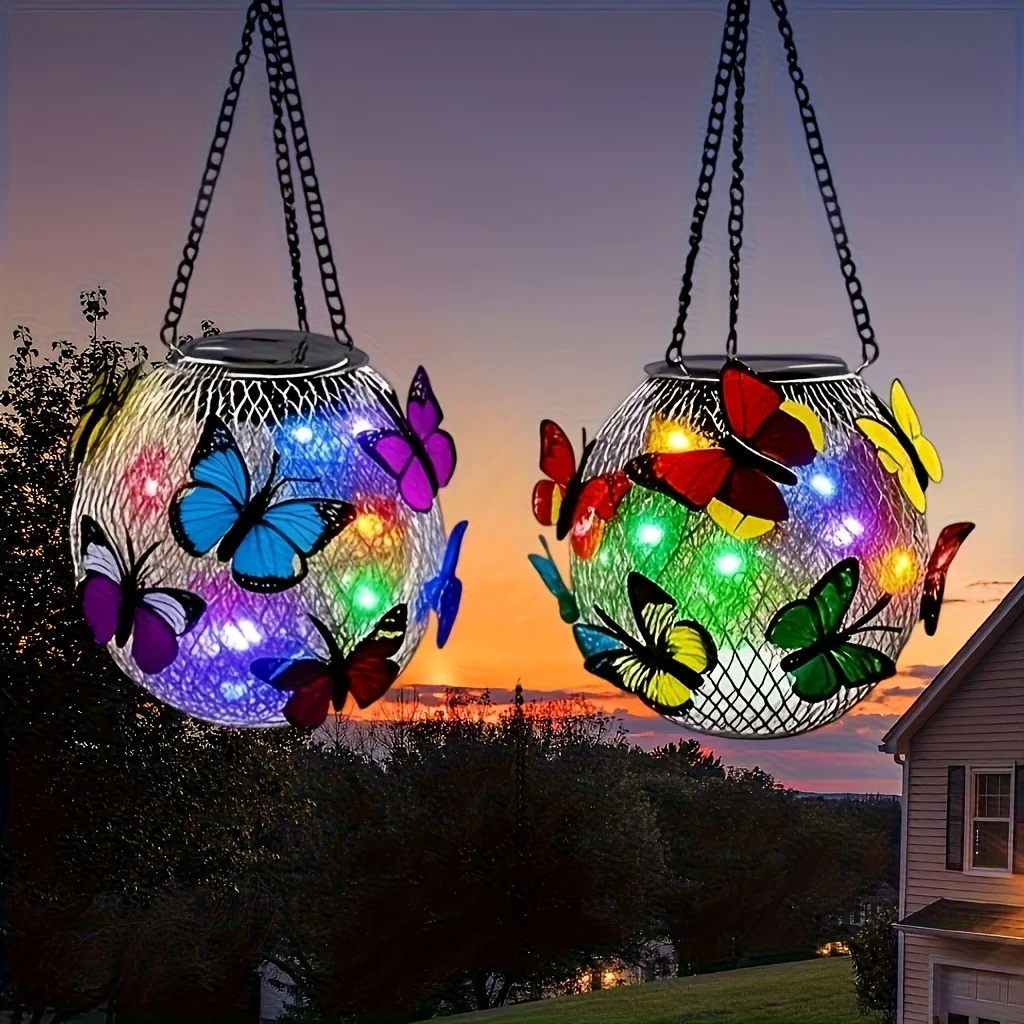 Solar Butterfly Hanging Lantern, Waterproof Metal Garden Light, Solar Powered LED Lamp, Outdoor Yard Patio Art Decoration