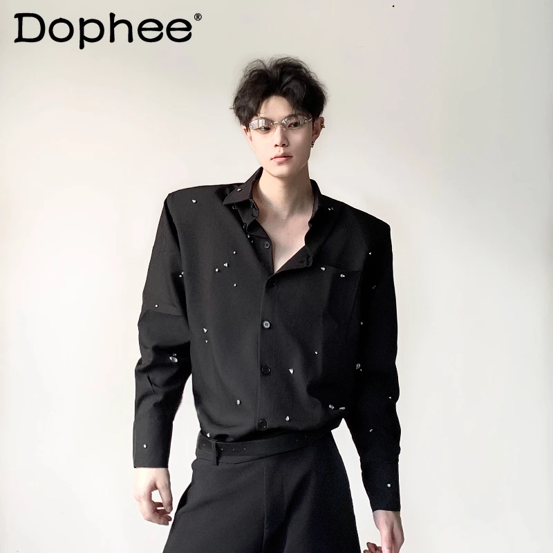 

Men's 2025 New Light Luxury Stylish Shirts Male Handsome Fashion Beaded Design Padded Shoulder Shirts High-End Long Sleeve Tops