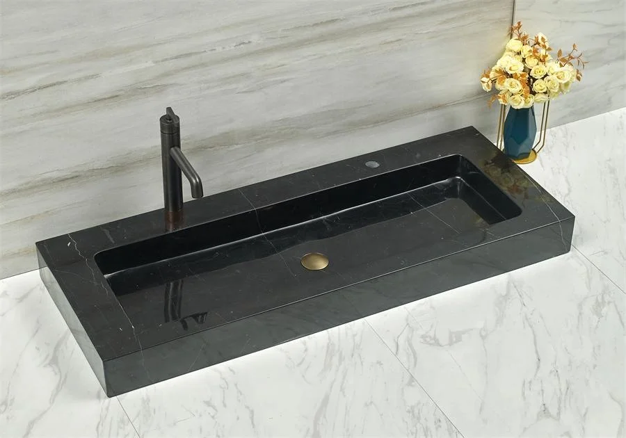 Modern Hotel Rectangle High Polished Bathroom Double Sink Marble Vanity Basin with Double Drainer and Double Bowl