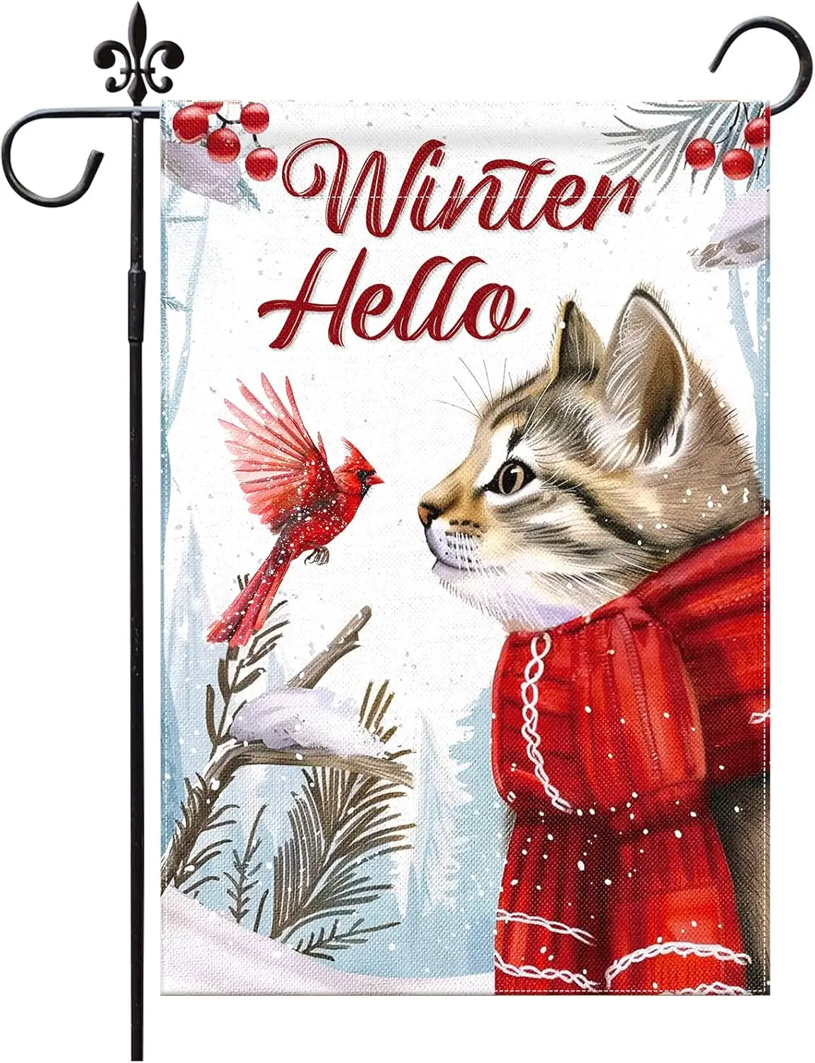 Hello Winter Cat Garden Flag 12x18 Inch Double Sided Cardinal Bird Snow Christmas Garden Flag for Outside Winter Festive Hol EEZ