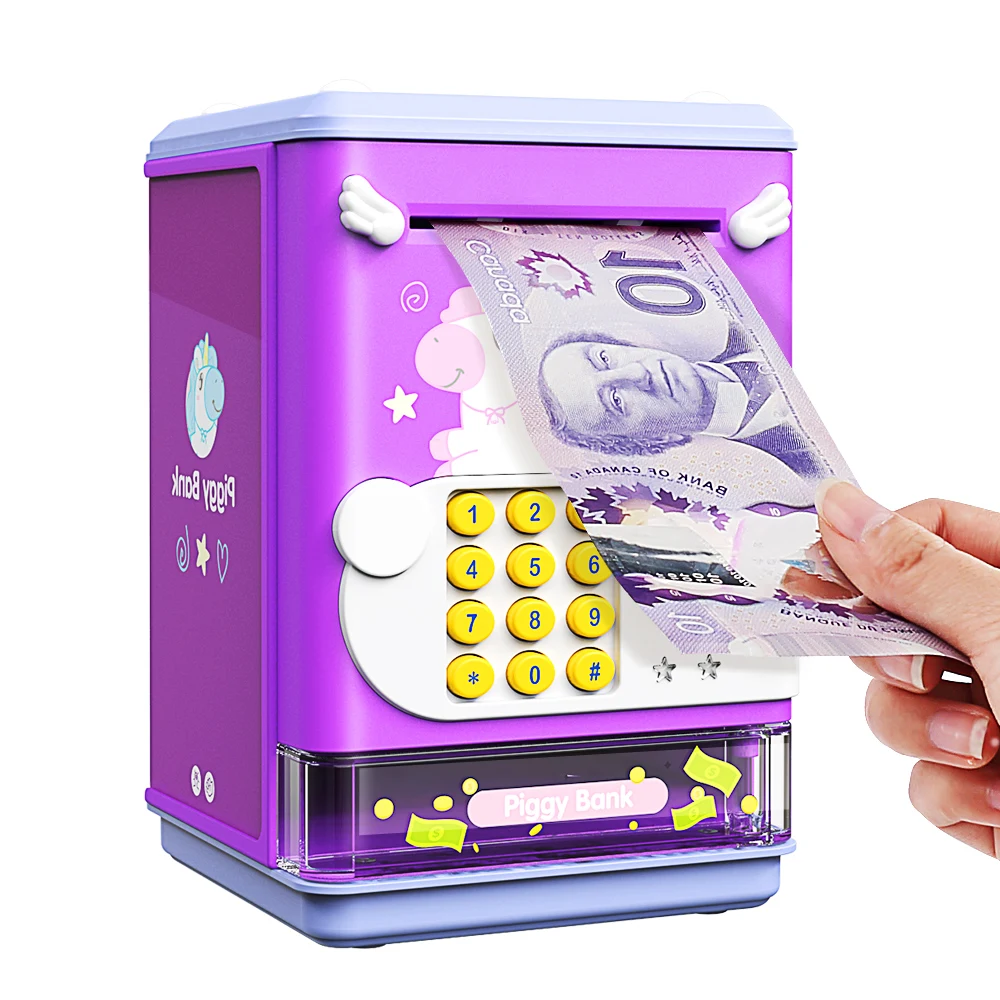 Piggy Bank Toy Electronic Mini ATM Savings Machine with Personal Password & Fingerprint Unlocking Simulation - Music Box with So