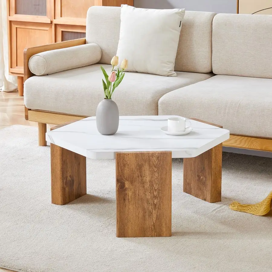 

Tables for Living RoomA Modern and Stylish 31in Small Coffee Table HexagonWhite Marble Top with Wooden Legs, Wood Coffee Table,