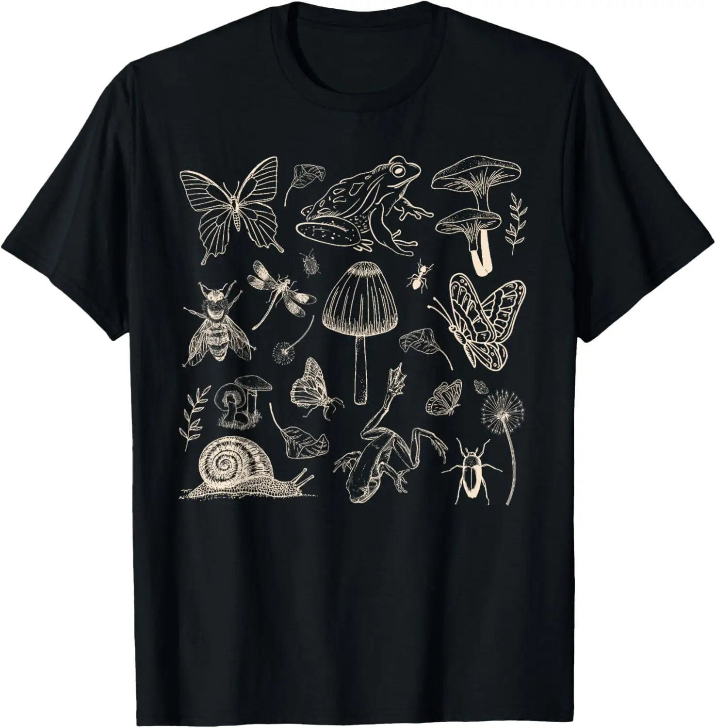 Cottagecore Estética Rana Fungos Mariposa Caracol Natureza Camiseta