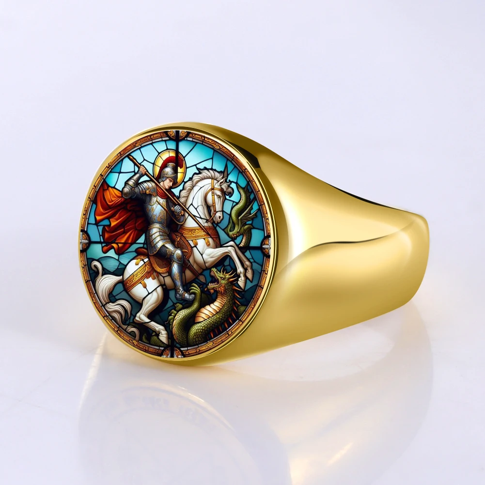 Vintage Saint George Men Ring Colorful UV Carved Pattern Rings Religious Protection Talisman Catholic Jewelry Stainless Steel