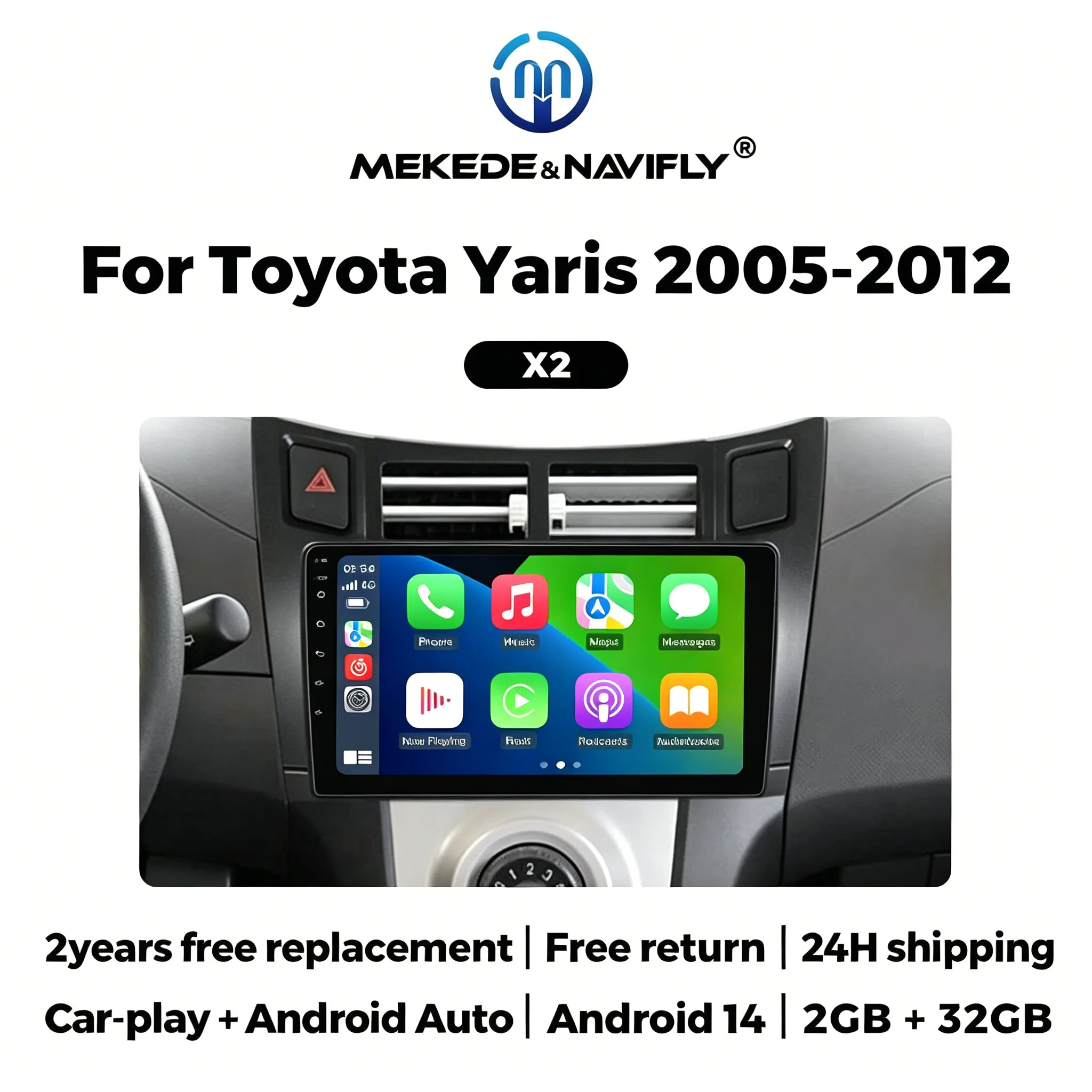 

Автомагнитола 2+32G с IPS-экраном, беспроводным CarPlay и Android Auto для Toyota Yaris 2005-2012, навигация, видеоплеер, Wi-Fi