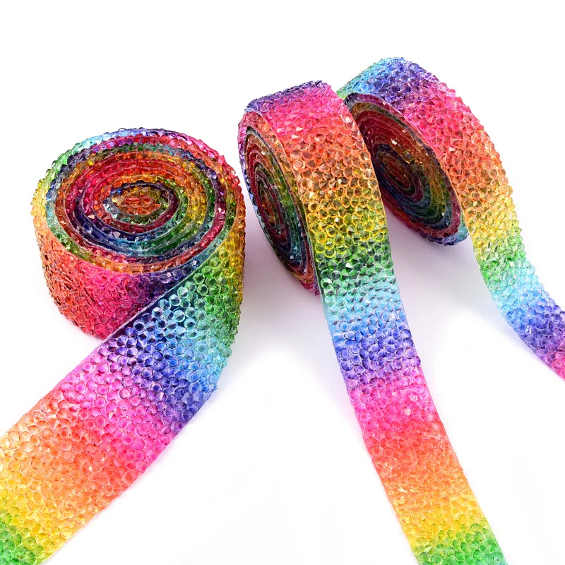 Children's DIY Rainbow Rhinestone Ribbon Trim Handmade Hair Clips Costume Accessories Hotfix Crystal Trim Sewing Decorations