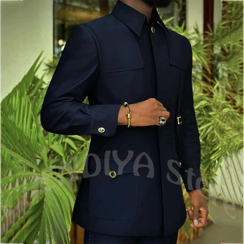Men Stand Collar Suit 2 Piece Set Decorative Buckle Slim Fit Solid Color Formal Male Clothing For Business Work Wedding Party