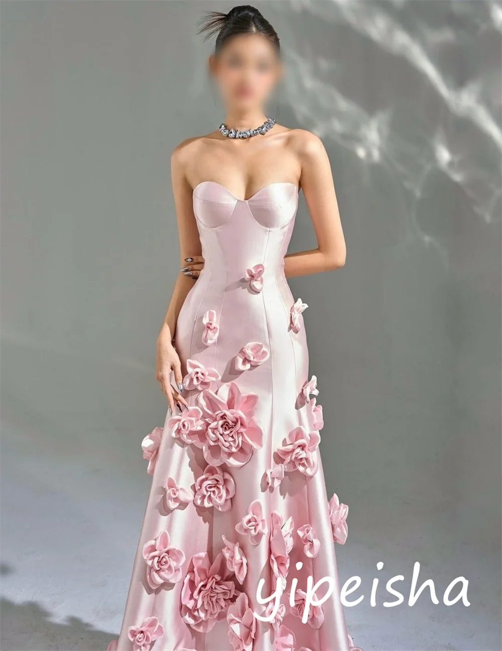 Customized High Quality Charmeuse Flower Pleat A-line Strapless Long Dresses Bespoke Occasion Intricate