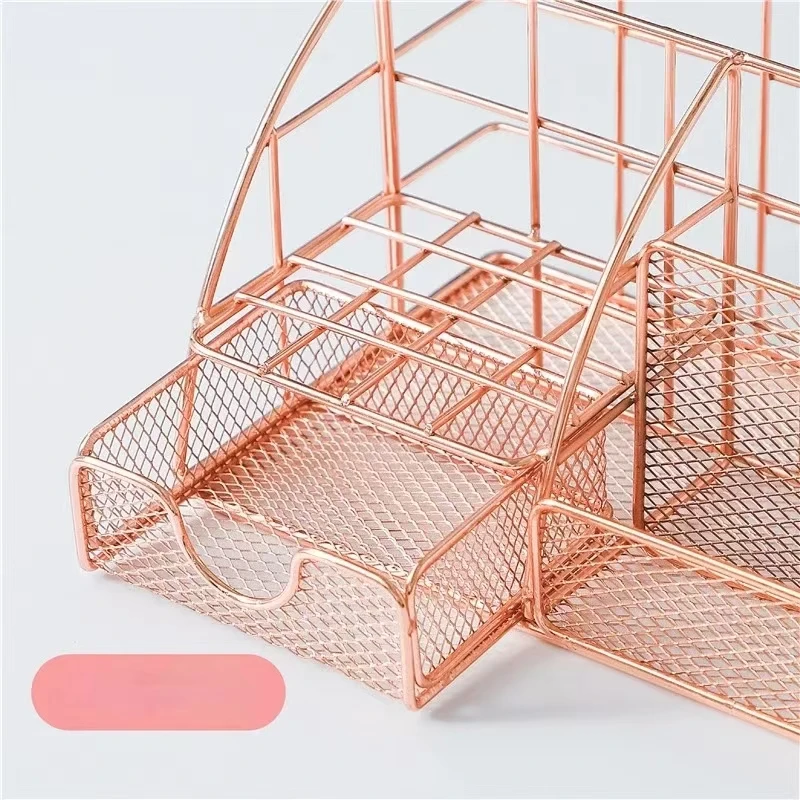 Fashion Iron Mesh Desk Organizer Pencil Pen Holder Caddy with Drawer for Desk Accessories Home Office School Supplies Rose Gold