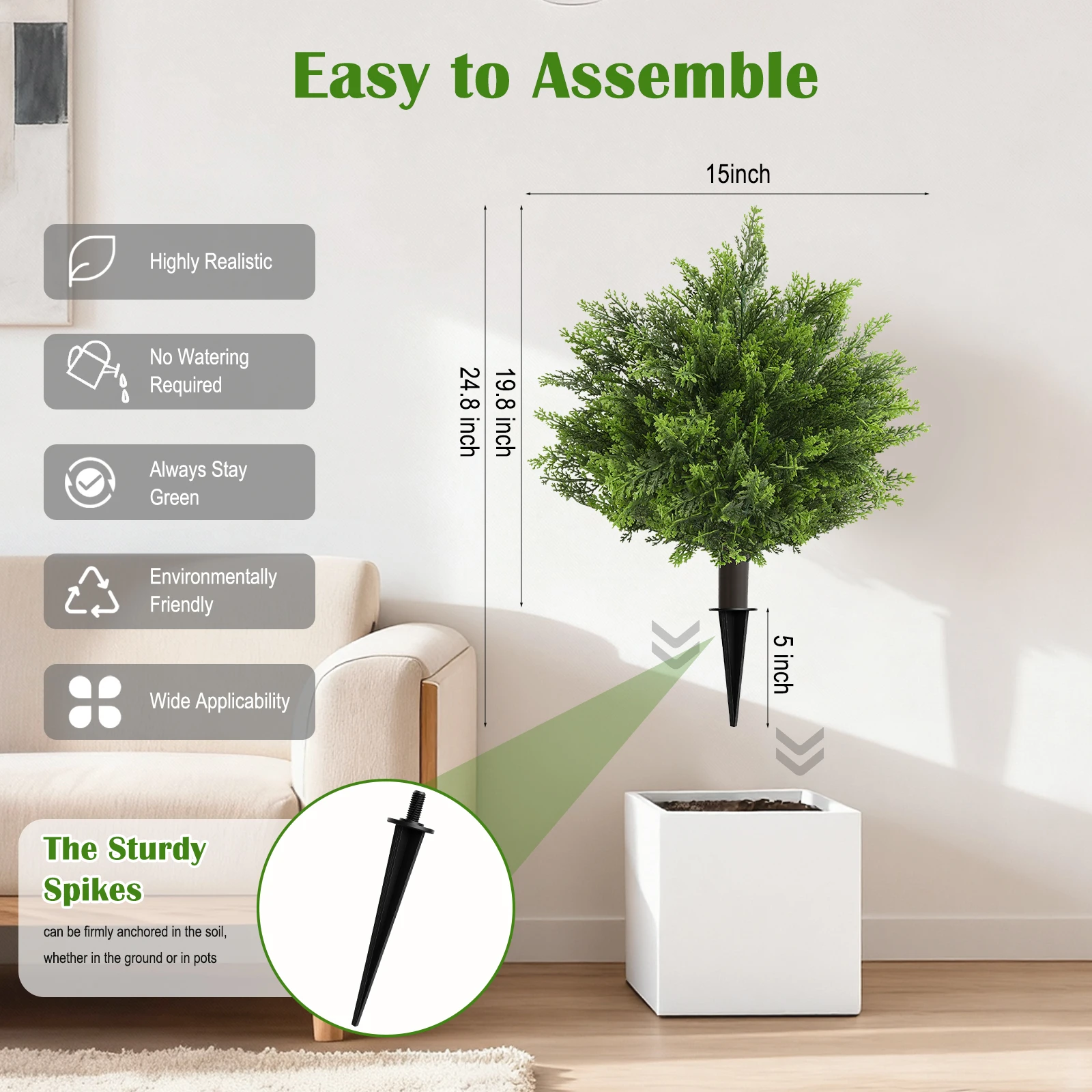 

4Pcs 24.8Inche Artificial Cedar Topiary Ball Trees with Indoor Outdoor Front Ground Spike UV Resistant Artificial Shrubs Bushes
